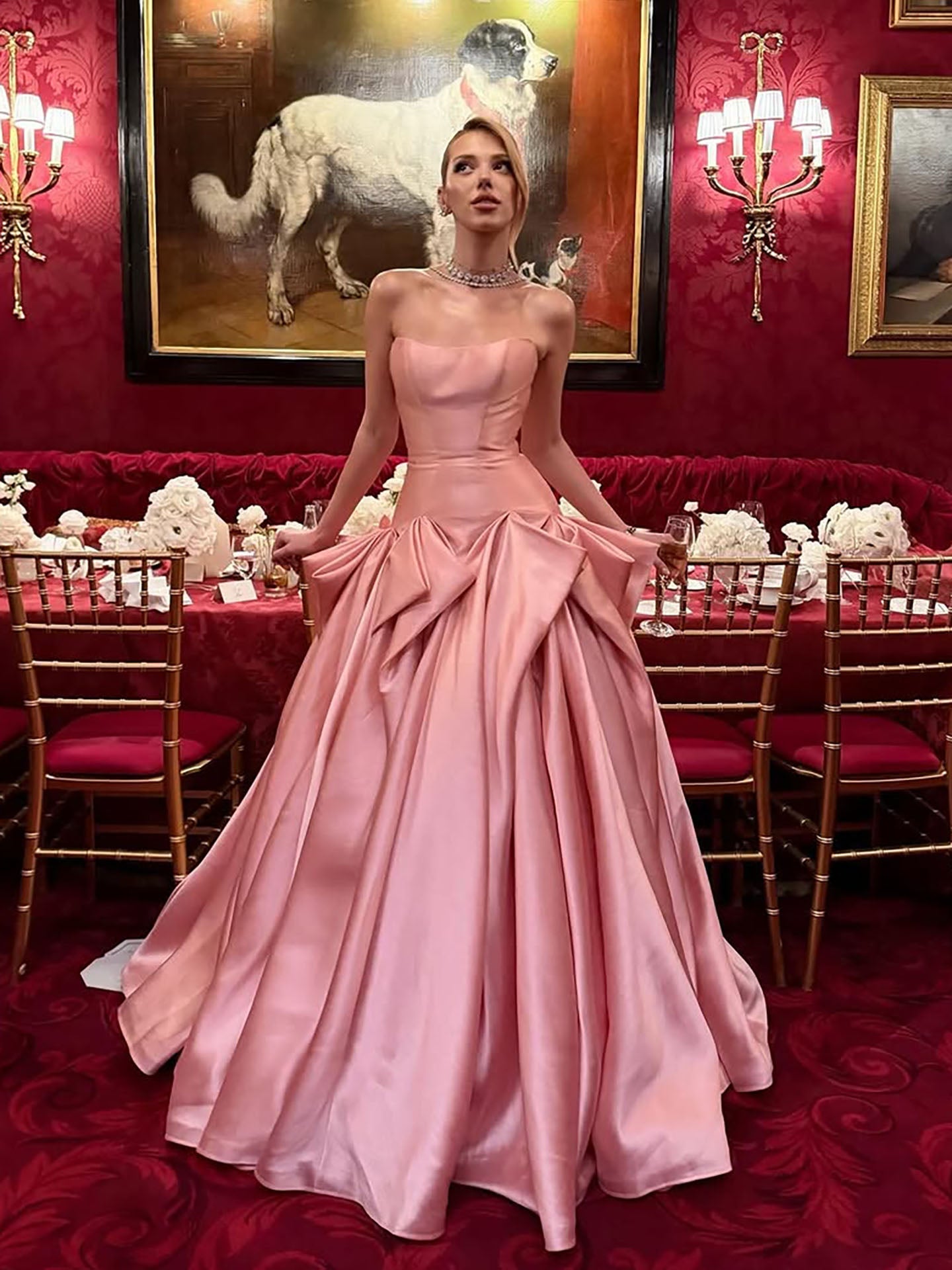 Luxury Pink Strapless Draped Satin A Line Evening Dress LA73907