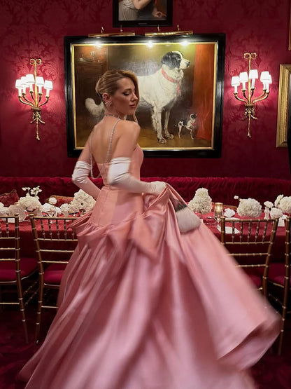 Luxury Pink Strapless Draped Satin A Line Evening Dress LA73907