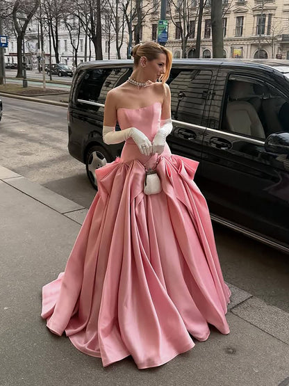 Luxury Pink Strapless Draped Satin A Line Evening Dress LA73907