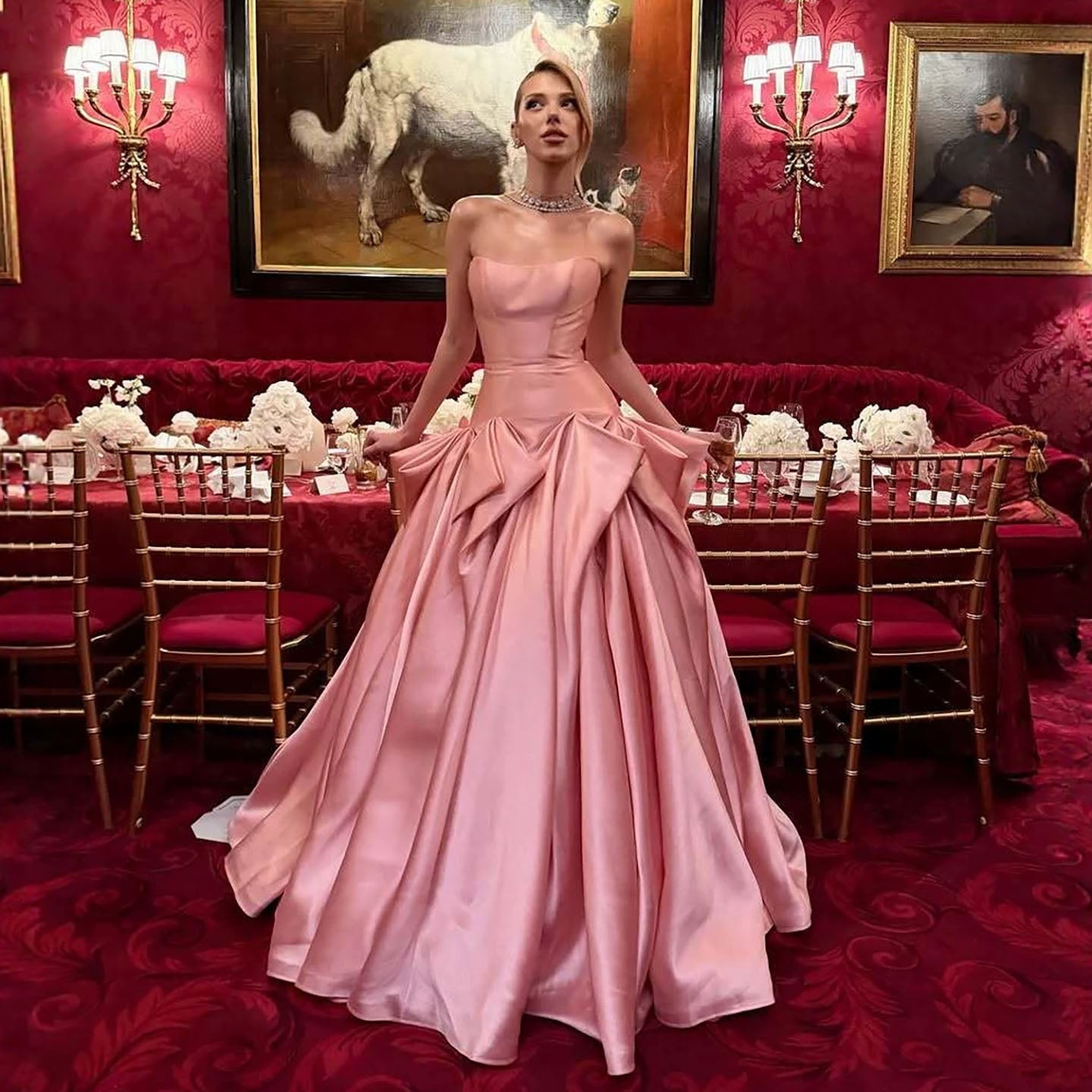 Luxury Pink Strapless Draped Satin A Line Evening Dress LA73907