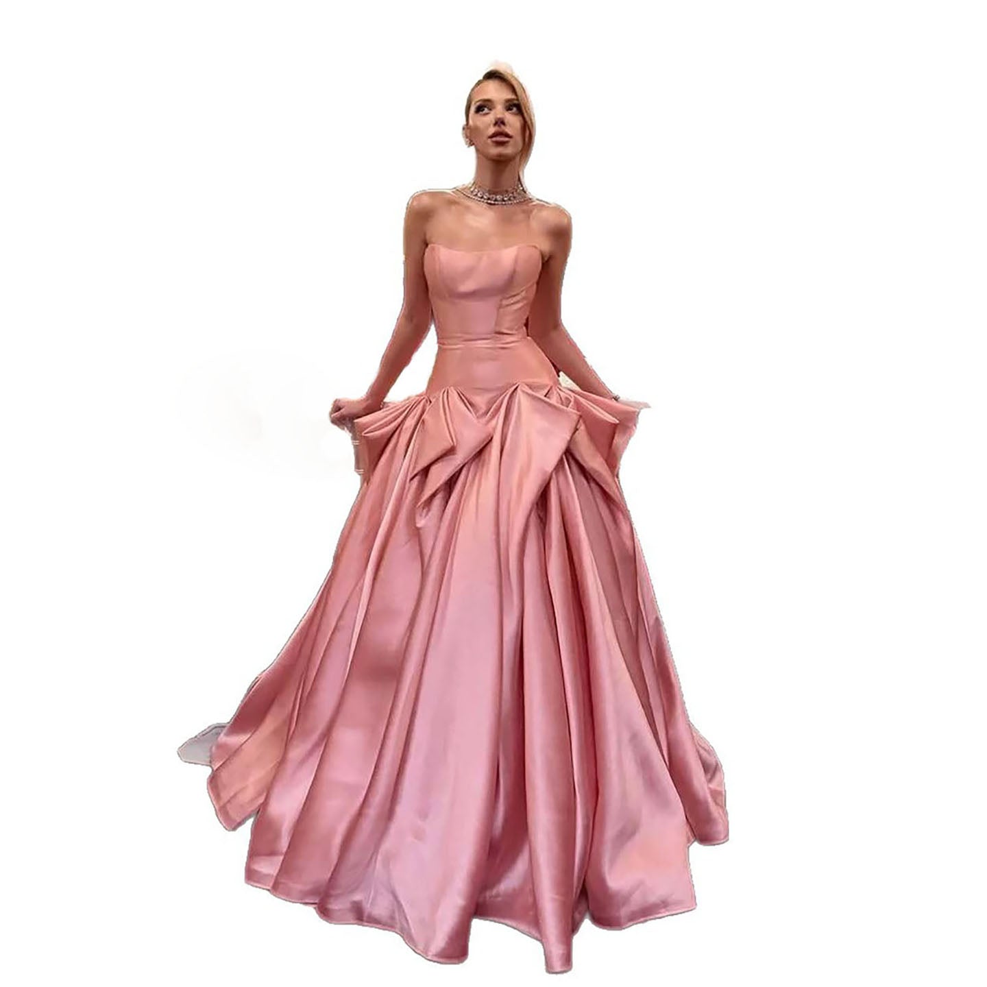 Luxury Pink Strapless Draped Satin A Line Evening Dress LA73907