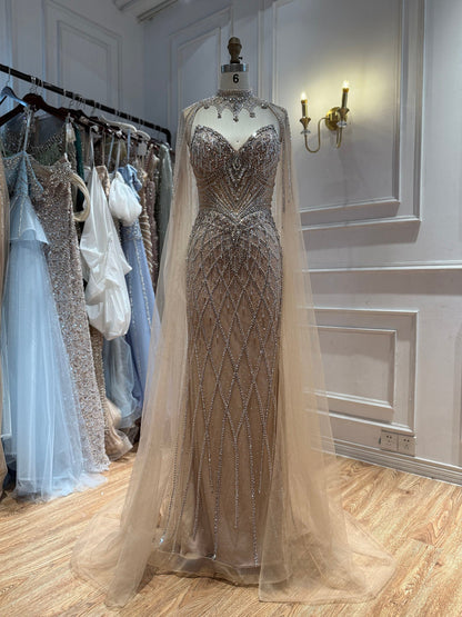 Luxury Nude High Neck Crystal Beaded Cape Sleeves Mermaid Dress LA73908