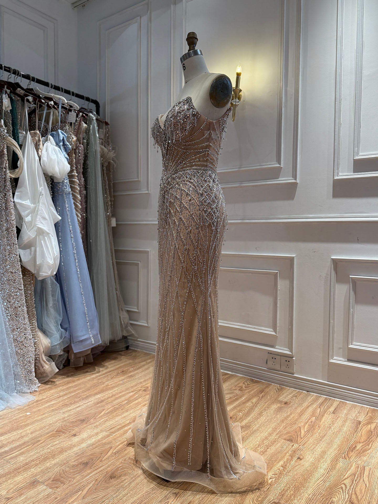 Luxury Nude High Neck Crystal Beaded Cape Sleeves Mermaid Dress LA73908
