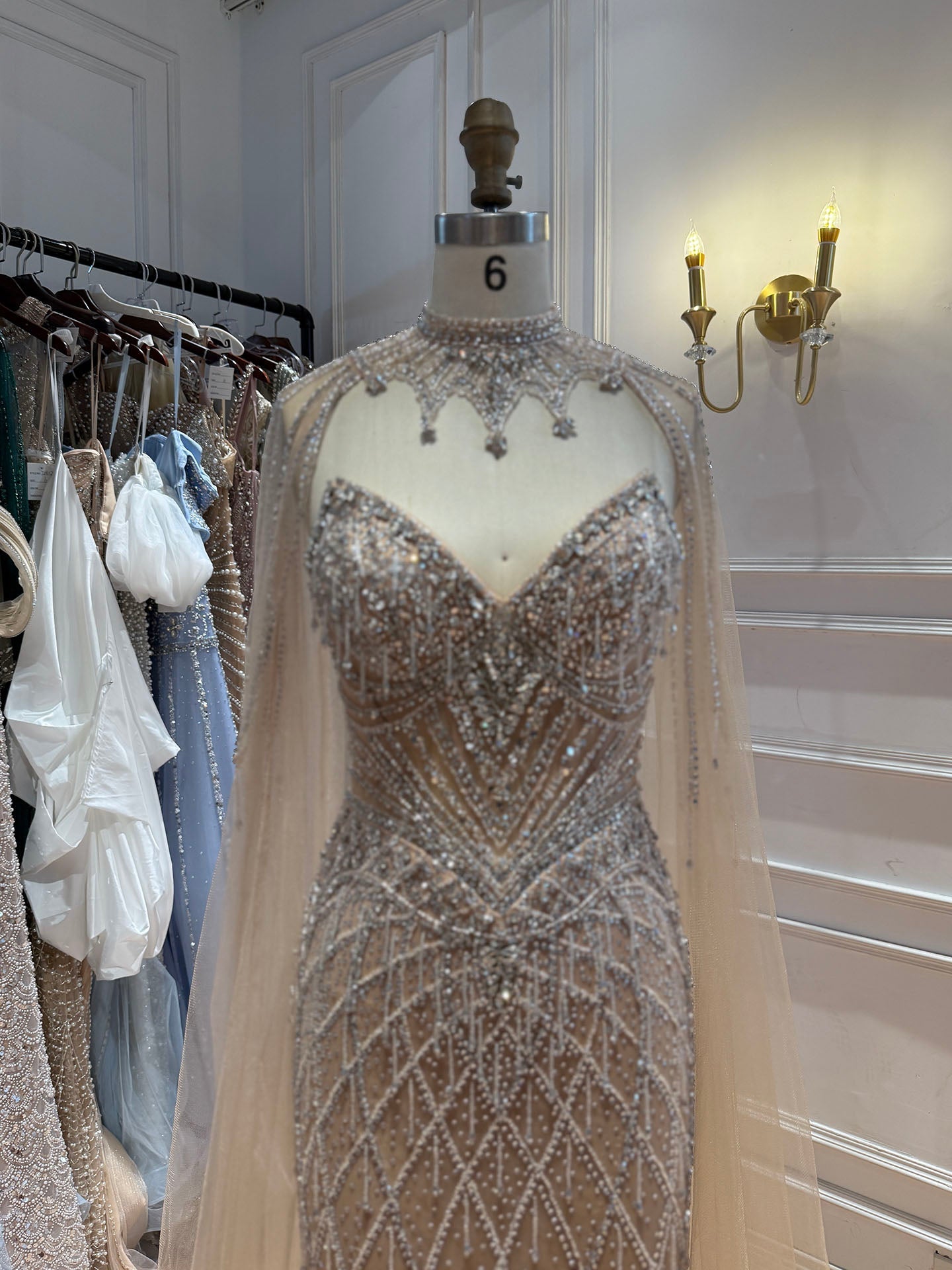 Luxury Nude High Neck Crystal Beaded Cape Sleeves Mermaid Dress LA73908