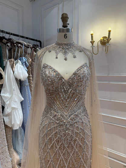 Luxury Nude High Neck Crystal Beaded Cape Sleeves Mermaid Dress LA73908