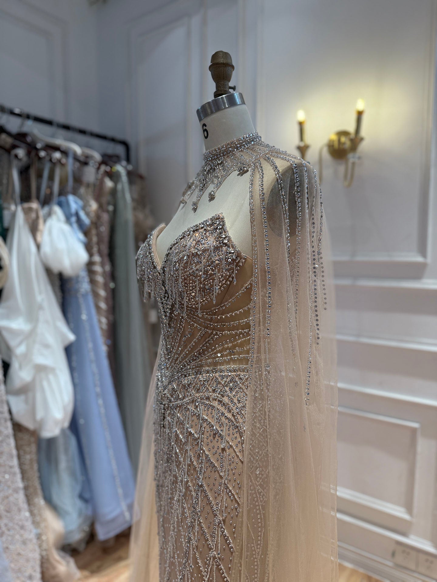 Luxury Nude High Neck Crystal Beaded Cape Sleeves Mermaid Dress LA73908