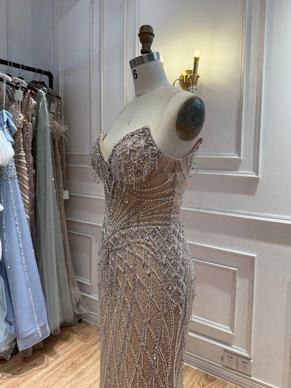 Luxury Nude High Neck Crystal Beaded Cape Sleeves Mermaid Dress LA73908