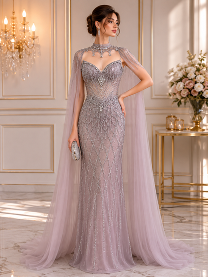 Luxury Nude High Neck Crystal Beaded Cape Sleeves Mermaid Dress LA73908