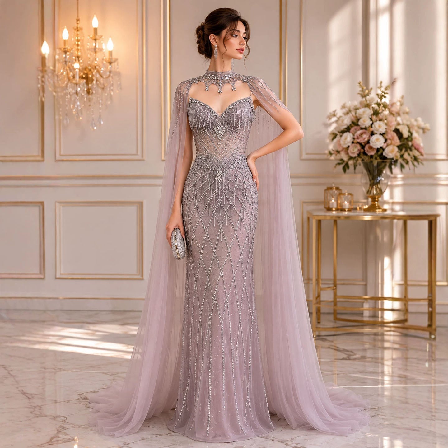 Luxury Nude High Neck Crystal Beaded Cape Sleeves Mermaid Dress LA73908