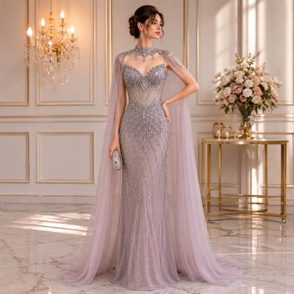 Luxury Nude High Neck Crystal Beaded Cape Sleeves Mermaid Dress LA73908