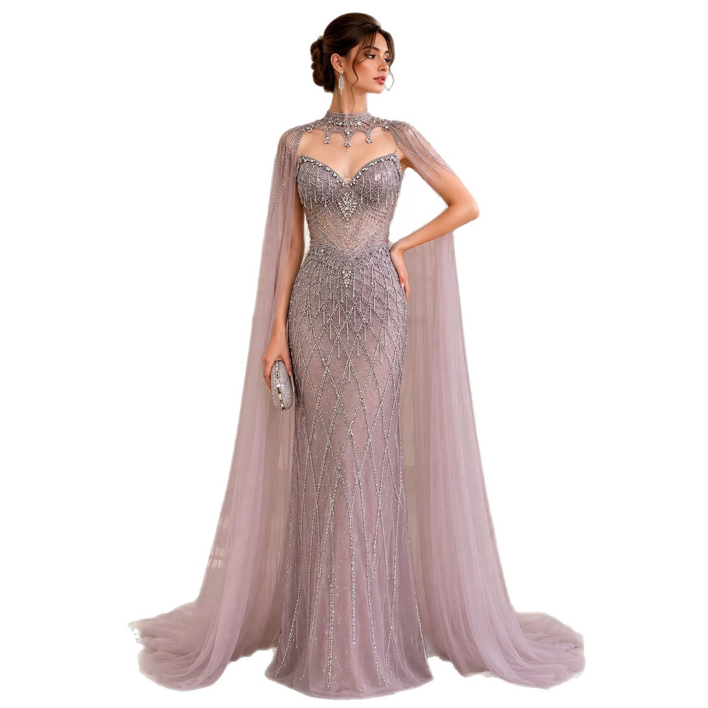 Luxury Nude High Neck Crystal Beaded Cape Sleeves Mermaid Dress LA73908