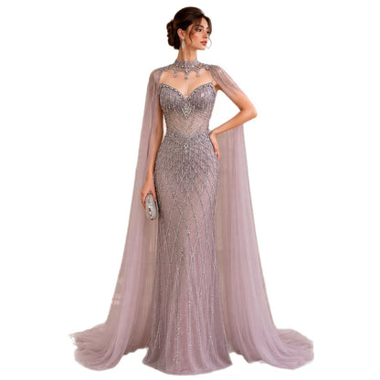 Luxury Nude High Neck Crystal Beaded Cape Sleeves Mermaid Dress LA73908