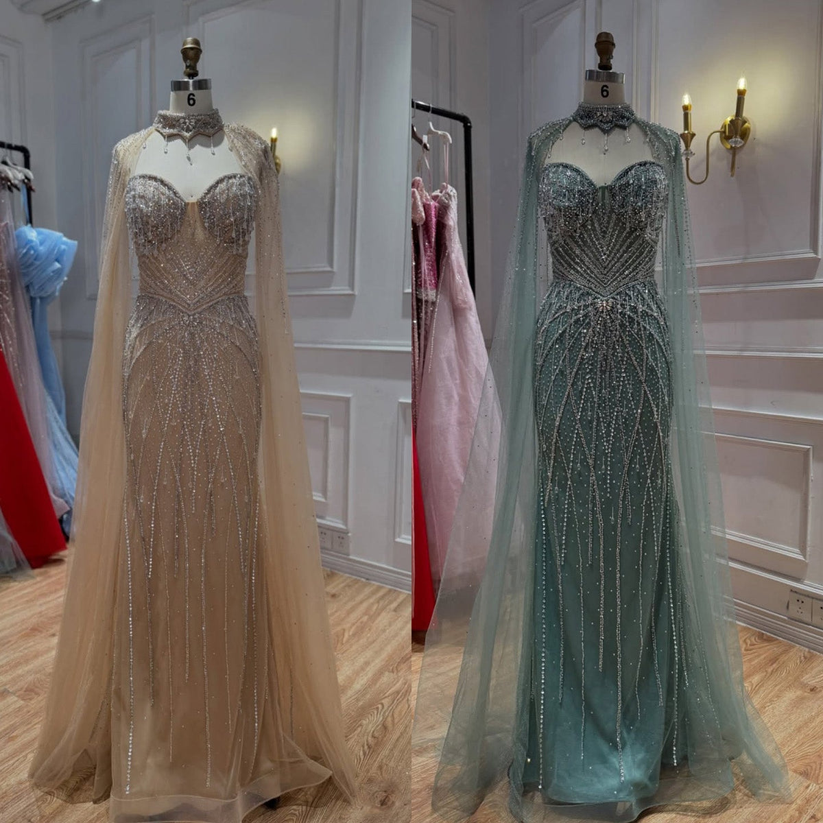 Luxury Nude Crystal Beaded Tassel Mermaid Evening Dress LA73908A
