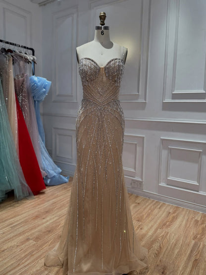 Luxury Nude Crystal Beaded Tassel Mermaid Evening Dress LA73908A