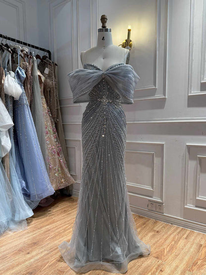Luxury Nude Off Shoulder Crystal Beaded Mermaid Evening Dress LA73910