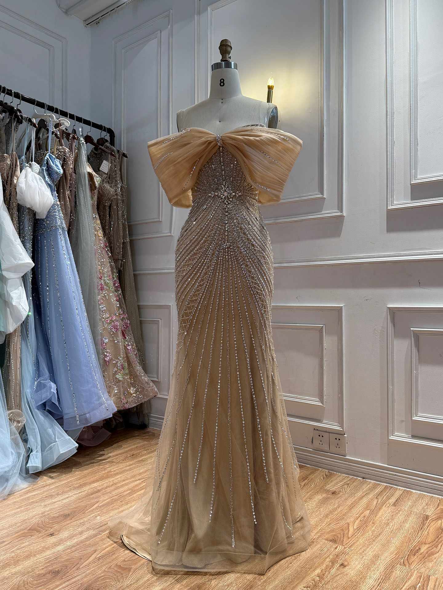 Luxury Nude Off Shoulder Crystal Beaded Mermaid Evening Dress LA73910