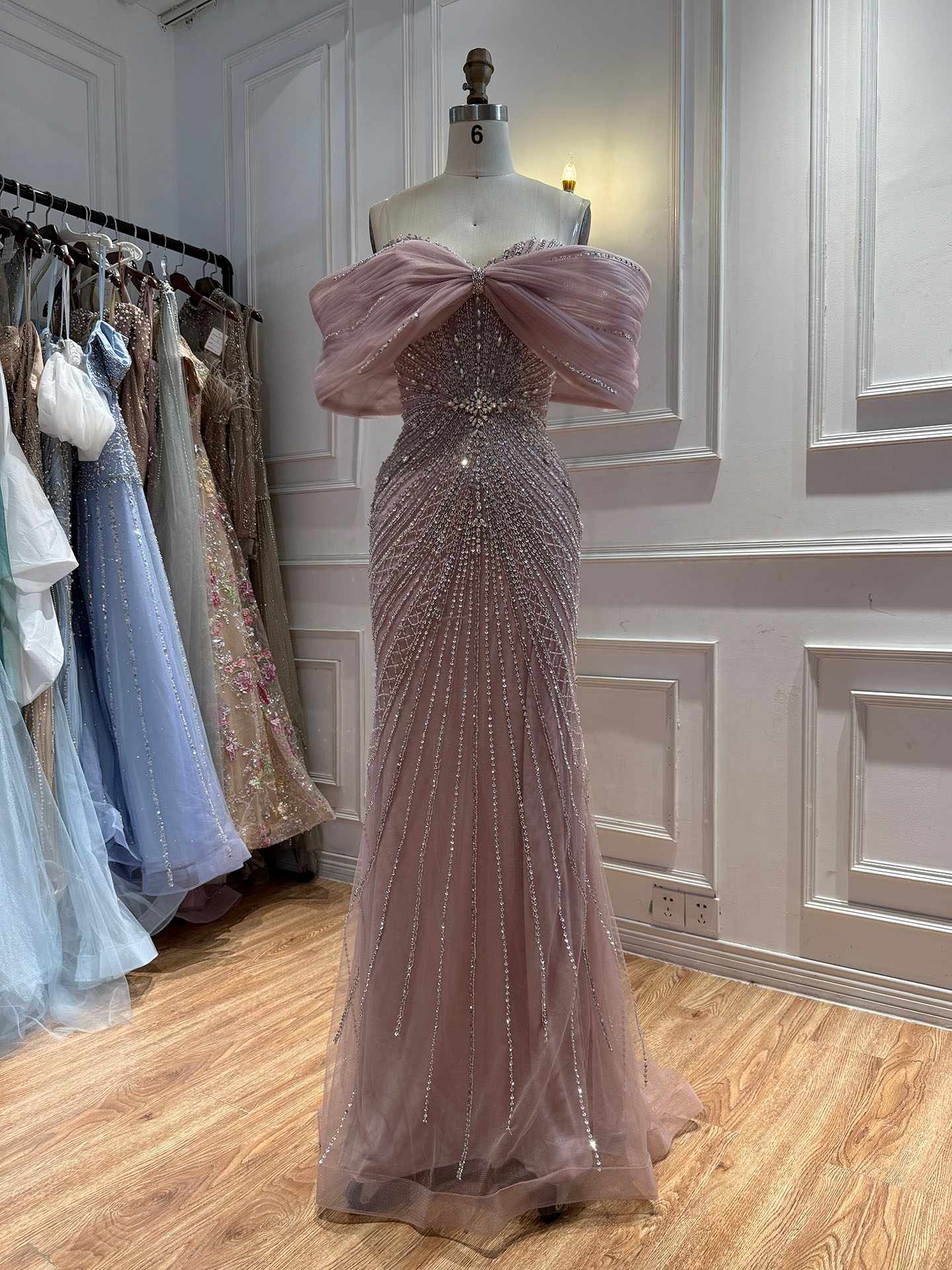 Luxury Nude Off Shoulder Crystal Beaded Mermaid Evening Dress LA73910