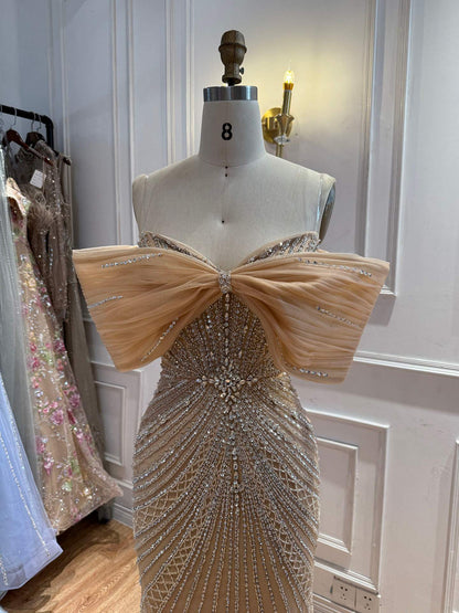 Luxury Nude Off Shoulder Crystal Beaded Mermaid Evening Dress LA73910