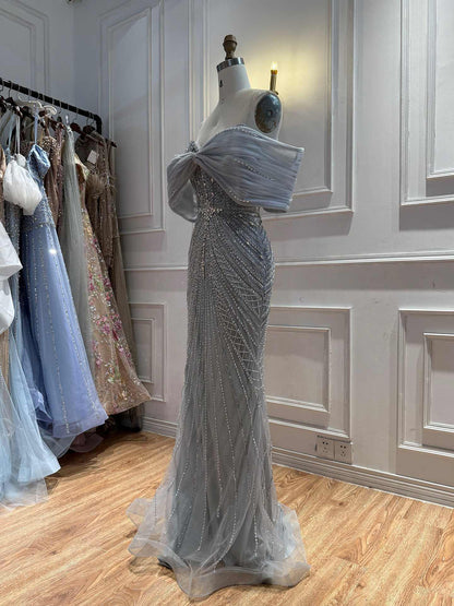 Luxury Nude Off Shoulder Crystal Beaded Mermaid Evening Dress LA73910