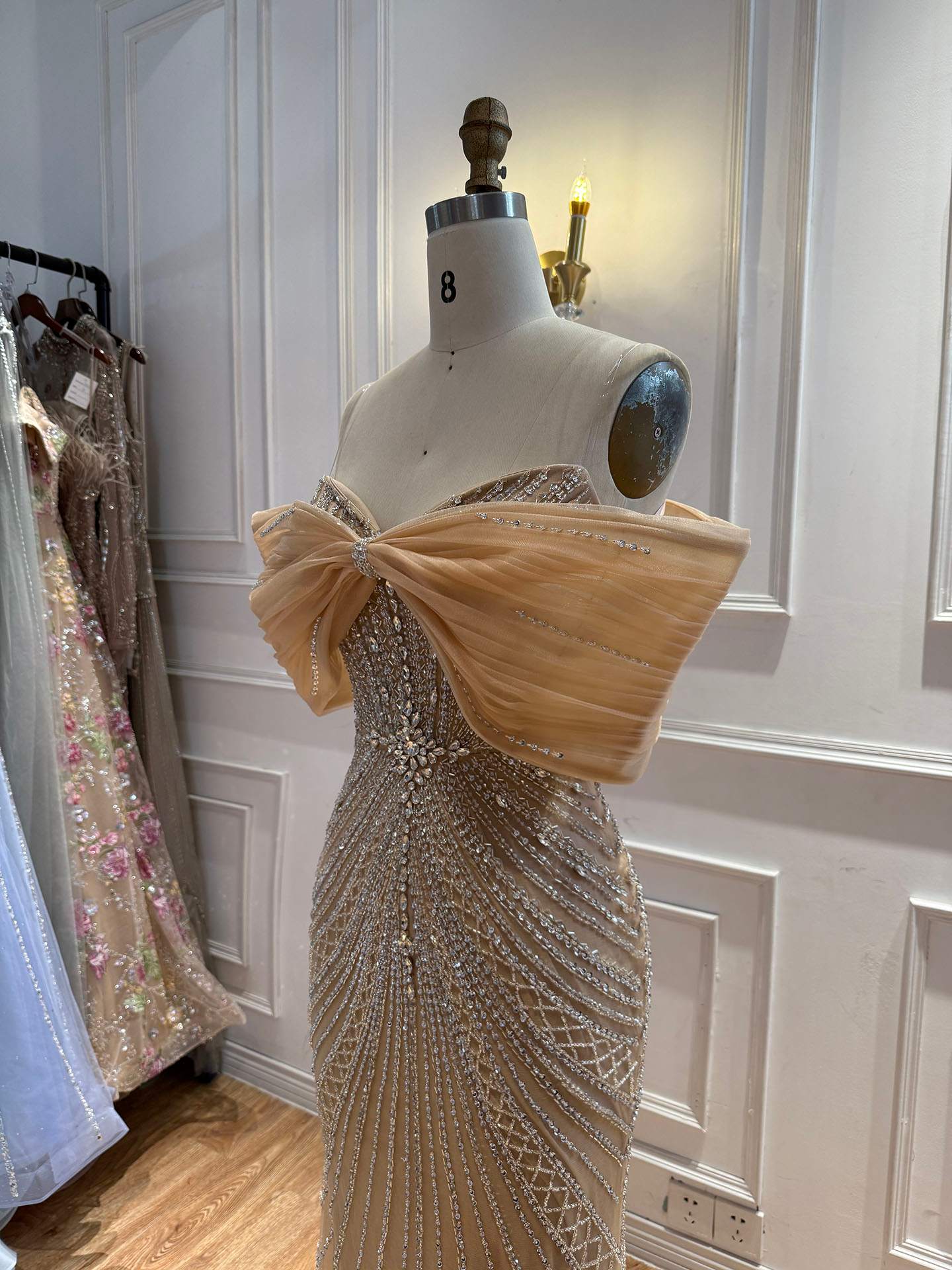 Luxury Nude Off Shoulder Crystal Beaded Mermaid Evening Dress LA73910