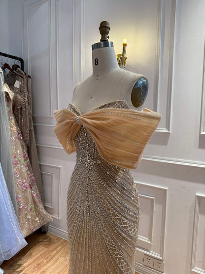 Luxury Nude Off Shoulder Crystal Beaded Mermaid Evening Dress LA73910