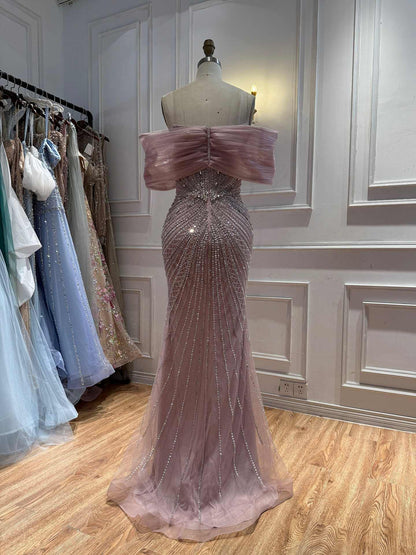 Luxury Nude Off Shoulder Crystal Beaded Mermaid Evening Dress LA73910