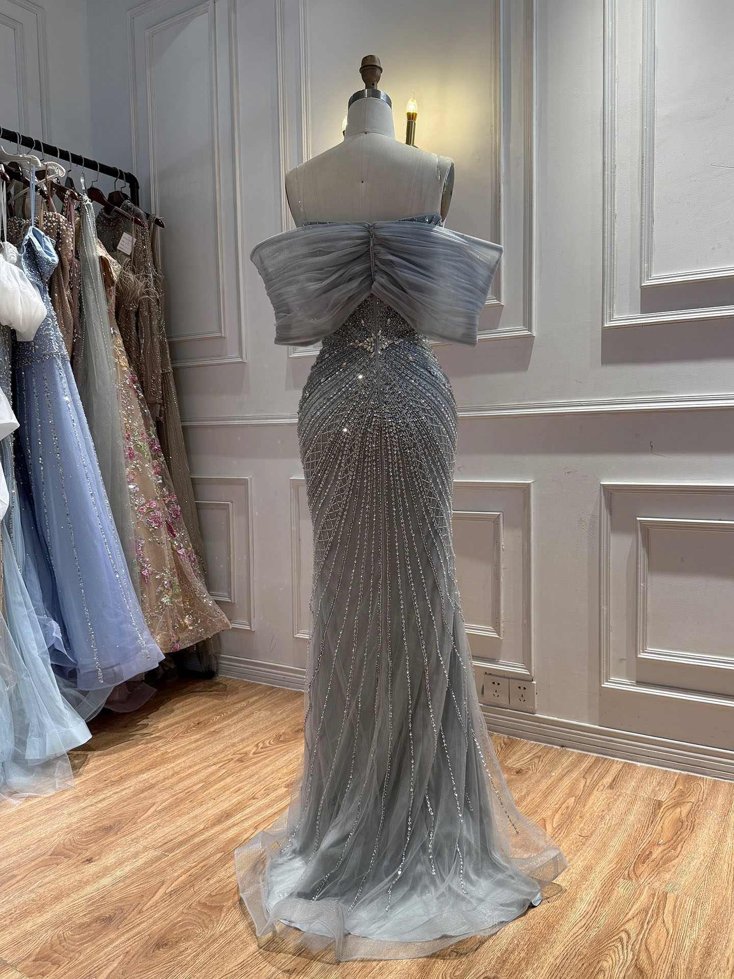 Luxury Nude Off Shoulder Crystal Beaded Mermaid Evening Dress LA73910