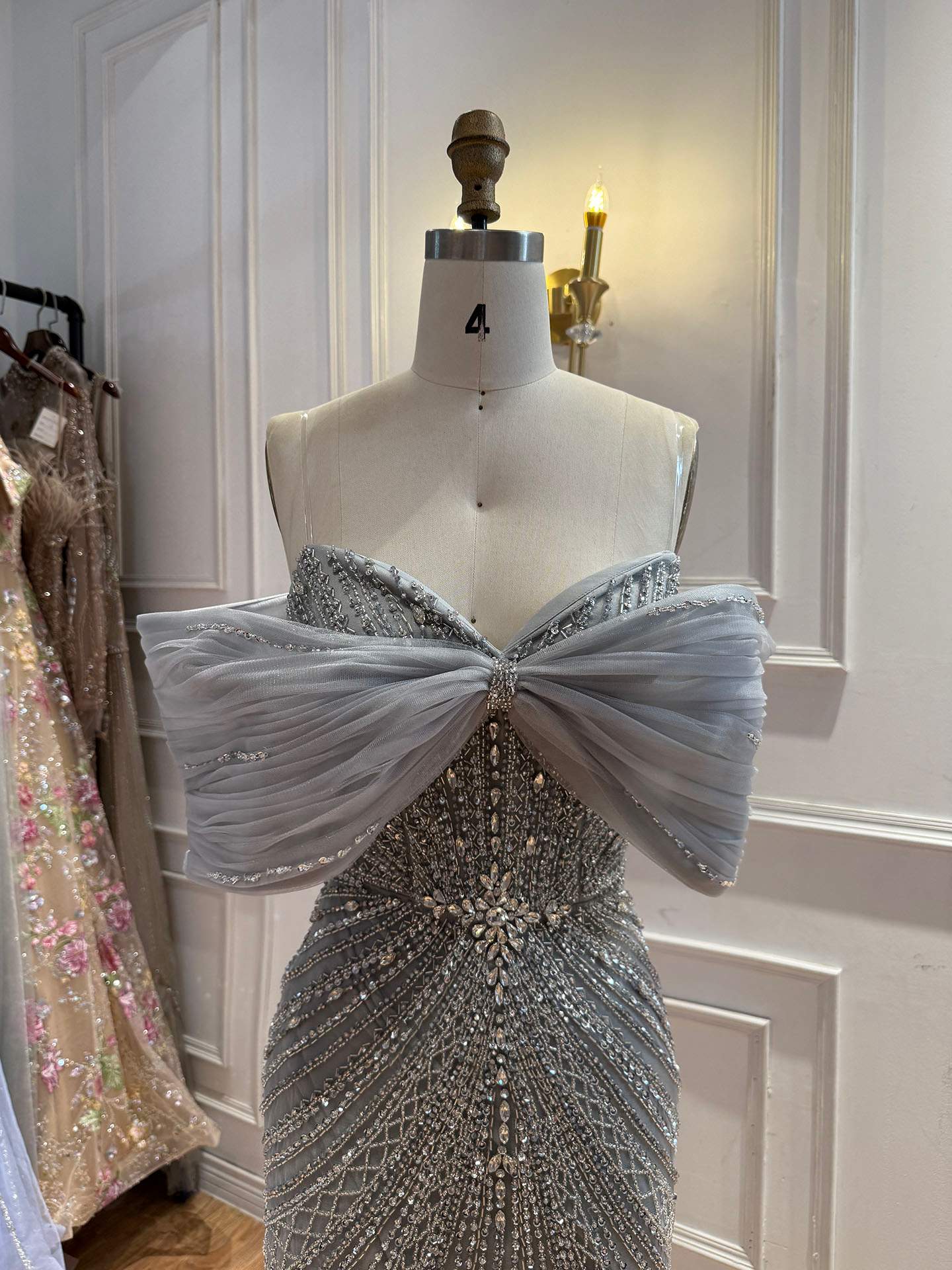 Luxury Nude Off Shoulder Crystal Beaded Mermaid Evening Dress LA73910