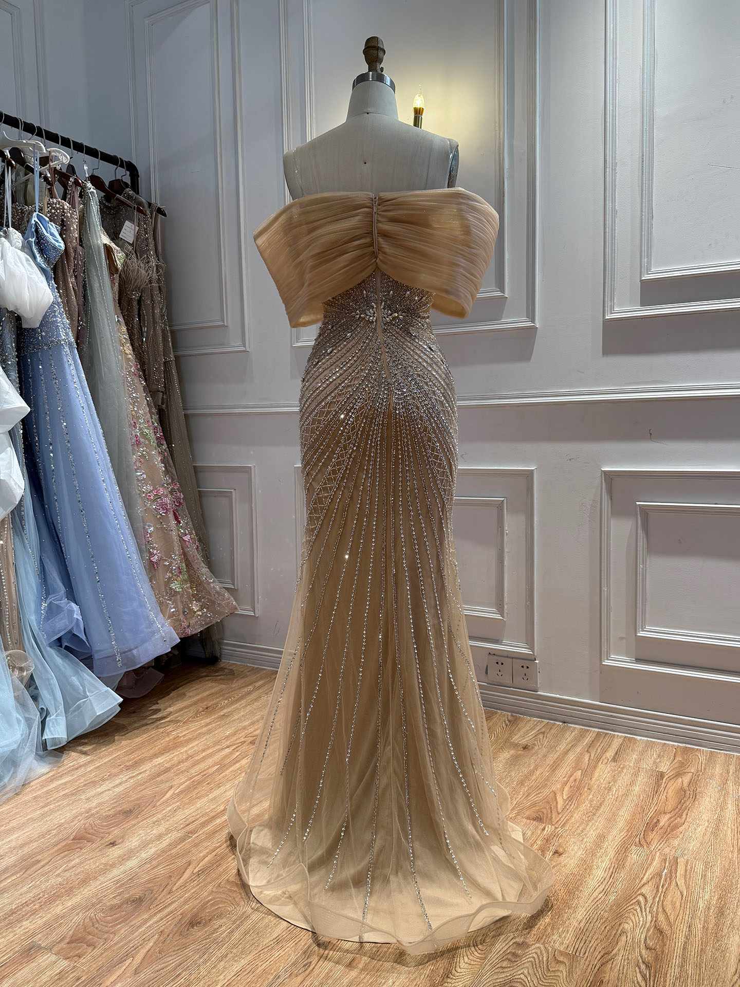 Luxury Nude Off Shoulder Crystal Beaded Mermaid Evening Dress LA73910