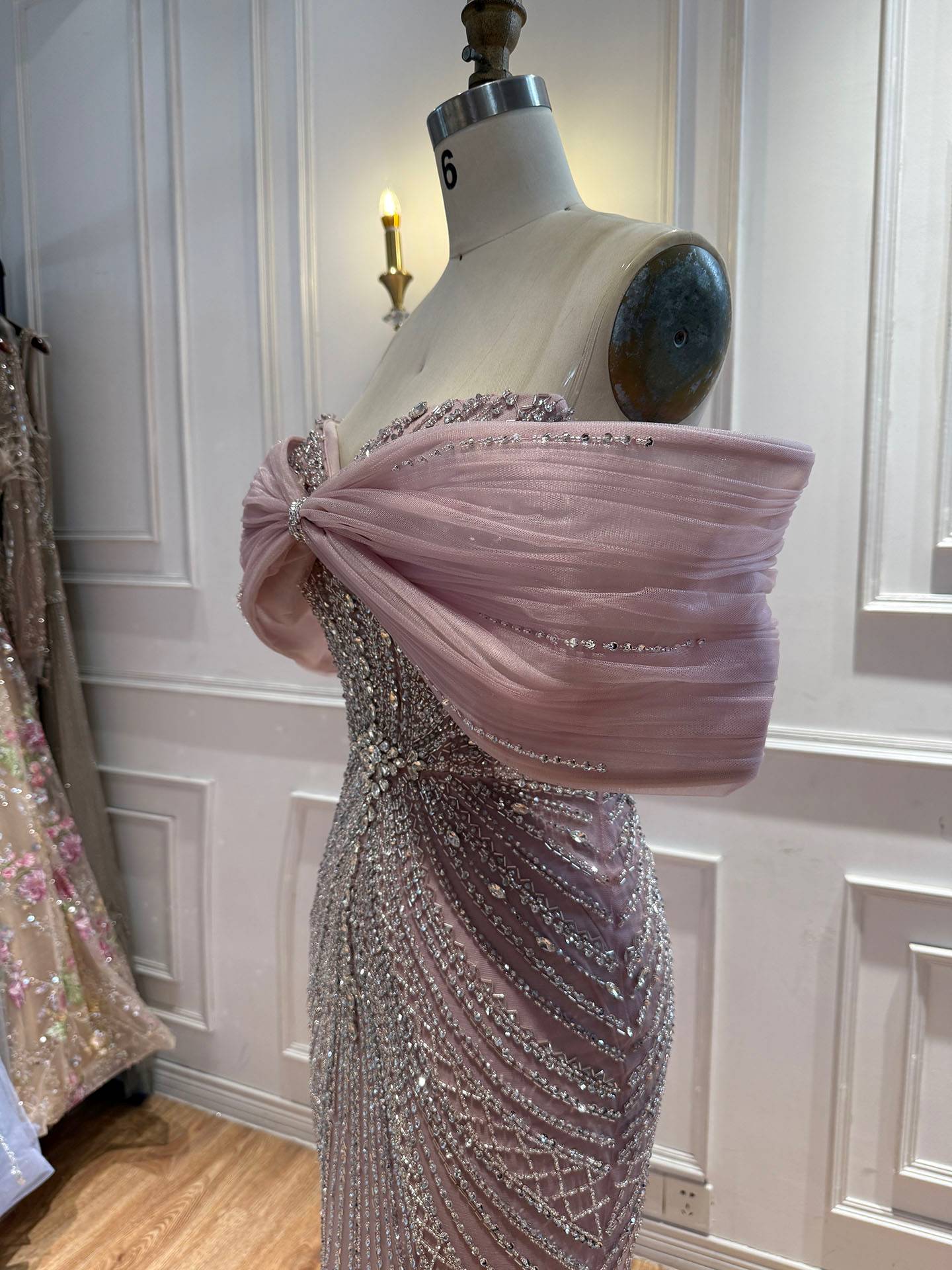 Luxury Nude Off Shoulder Crystal Beaded Mermaid Evening Dress LA73910