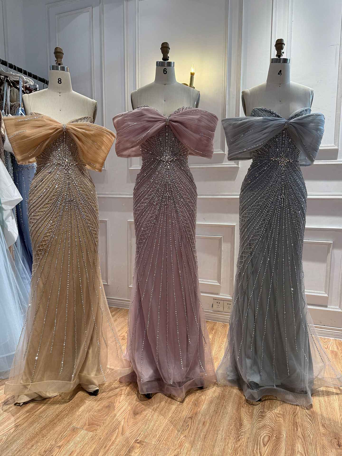 Luxury Nude Off Shoulder Crystal Beaded Mermaid Evening Dress LA73910