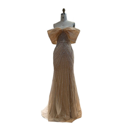 Luxury Nude Off Shoulder Crystal Beaded Mermaid Evening Dress LA73910