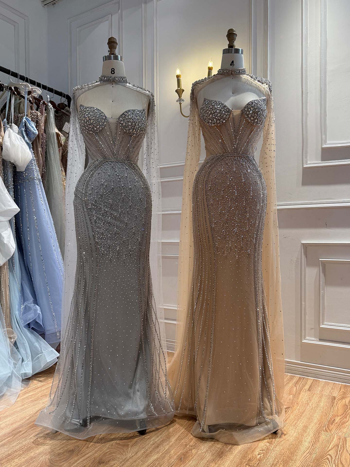 Luxury Nude High Neck Crystal Beaded Mermaid Cape Sleeves LA73547