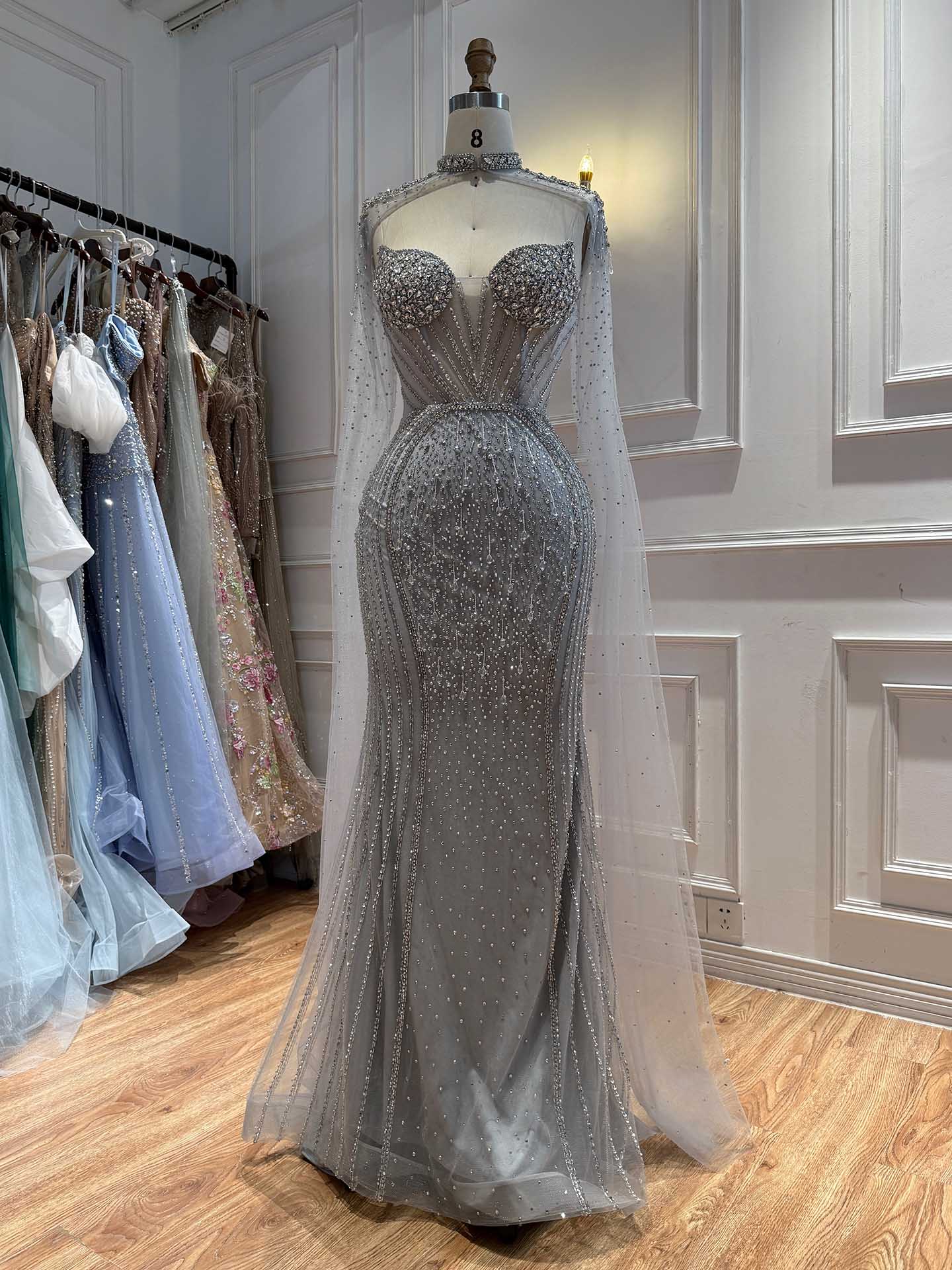 Luxury Nude High Neck Crystal Beaded Mermaid Cape Sleeves LA73547