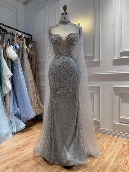 Luxury Nude High Neck Crystal Beaded Mermaid Cape Sleeves LA73547