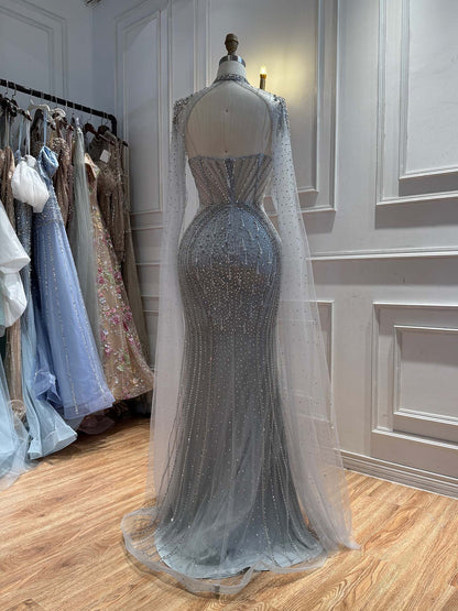 Luxury Nude High Neck Crystal Beaded Mermaid Cape Sleeves LA73547