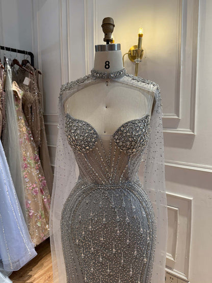 Luxury Nude High Neck Crystal Beaded Mermaid Cape Sleeves LA73547