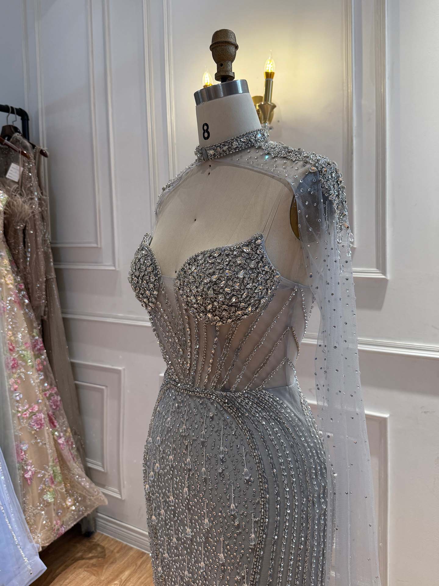Luxury Nude High Neck Crystal Beaded Mermaid Cape Sleeves LA73547