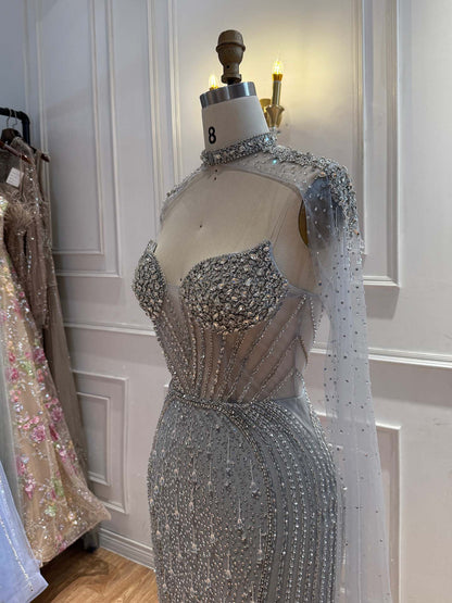 Luxury Nude High Neck Crystal Beaded Mermaid Cape Sleeves LA73547