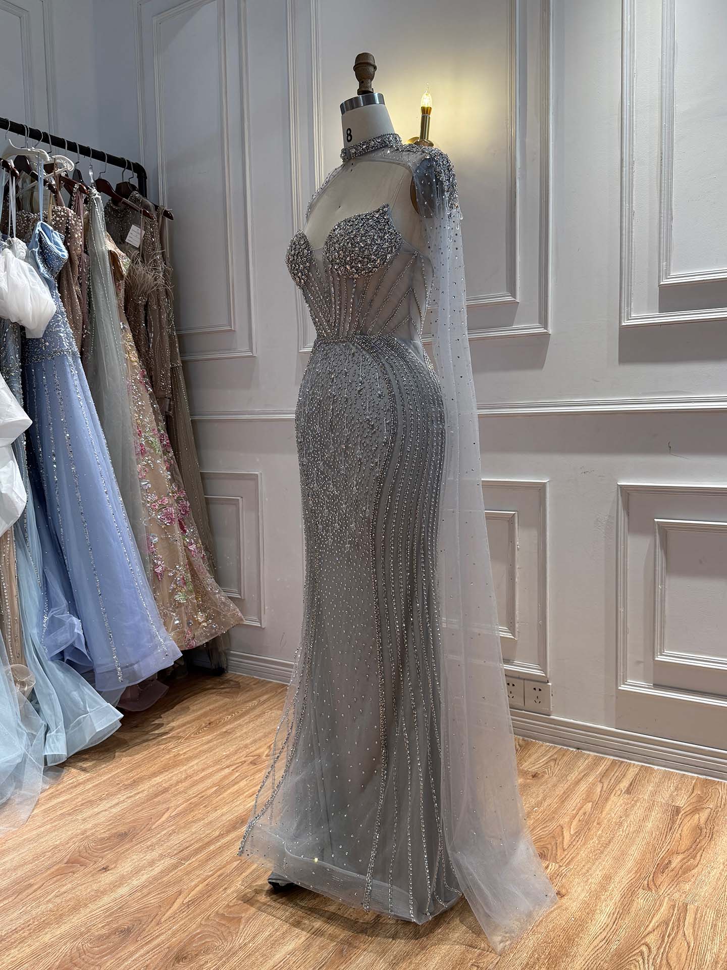 Luxury Nude High Neck Crystal Beaded Mermaid Cape Sleeves LA73547