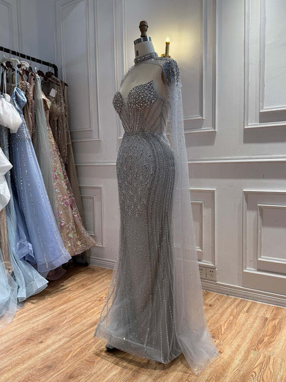 Luxury Nude High Neck Crystal Beaded Mermaid Cape Sleeves LA73547