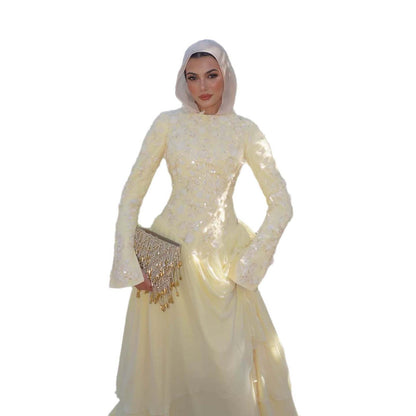 Luxury Yellow Muslim 3D Floral Beaded A Line Evening Dress LA73911