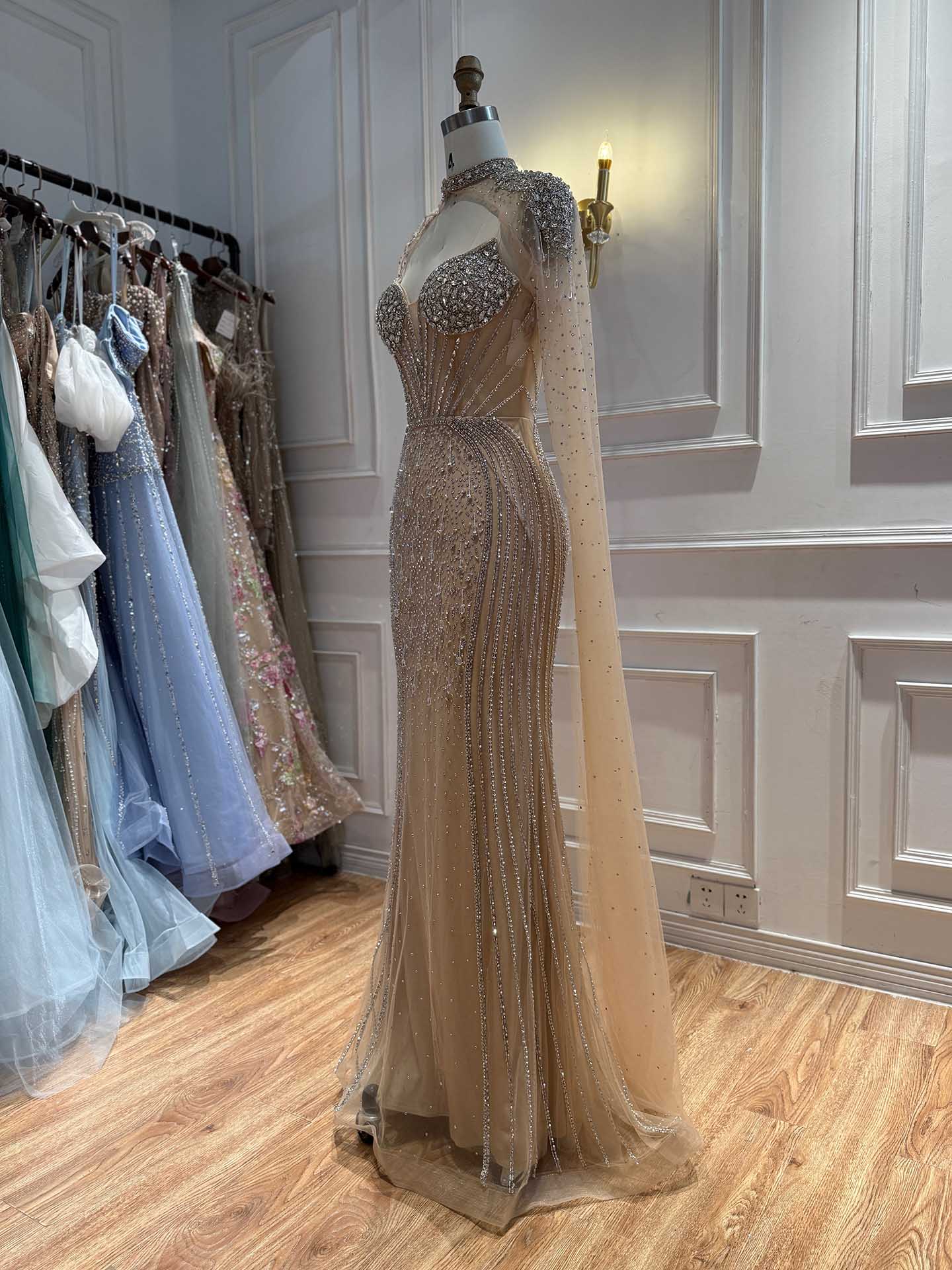 Luxury Nude High Neck Crystal Beaded Mermaid Cape Sleeves LA73547