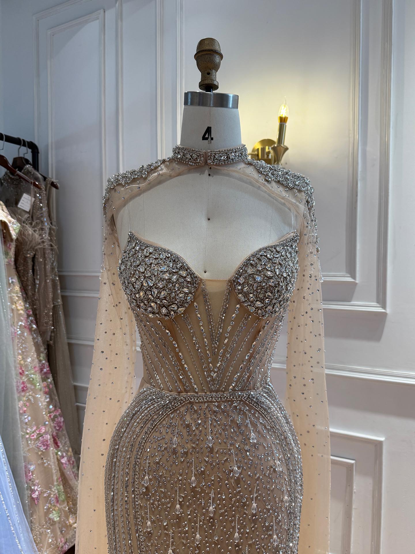 Luxury Nude High Neck Crystal Beaded Mermaid Cape Sleeves LA73547
