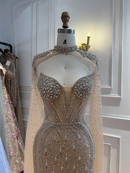 Luxury Nude High Neck Crystal Beaded Mermaid Cape Sleeves LA73547