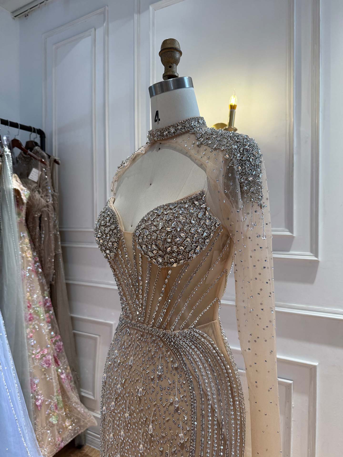 Luxury Nude High Neck Crystal Beaded Mermaid Cape Sleeves LA73547