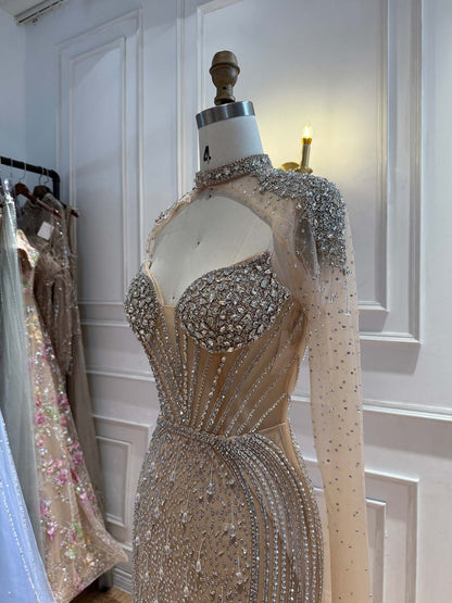 Luxury Nude High Neck Crystal Beaded Mermaid Cape Sleeves LA73547