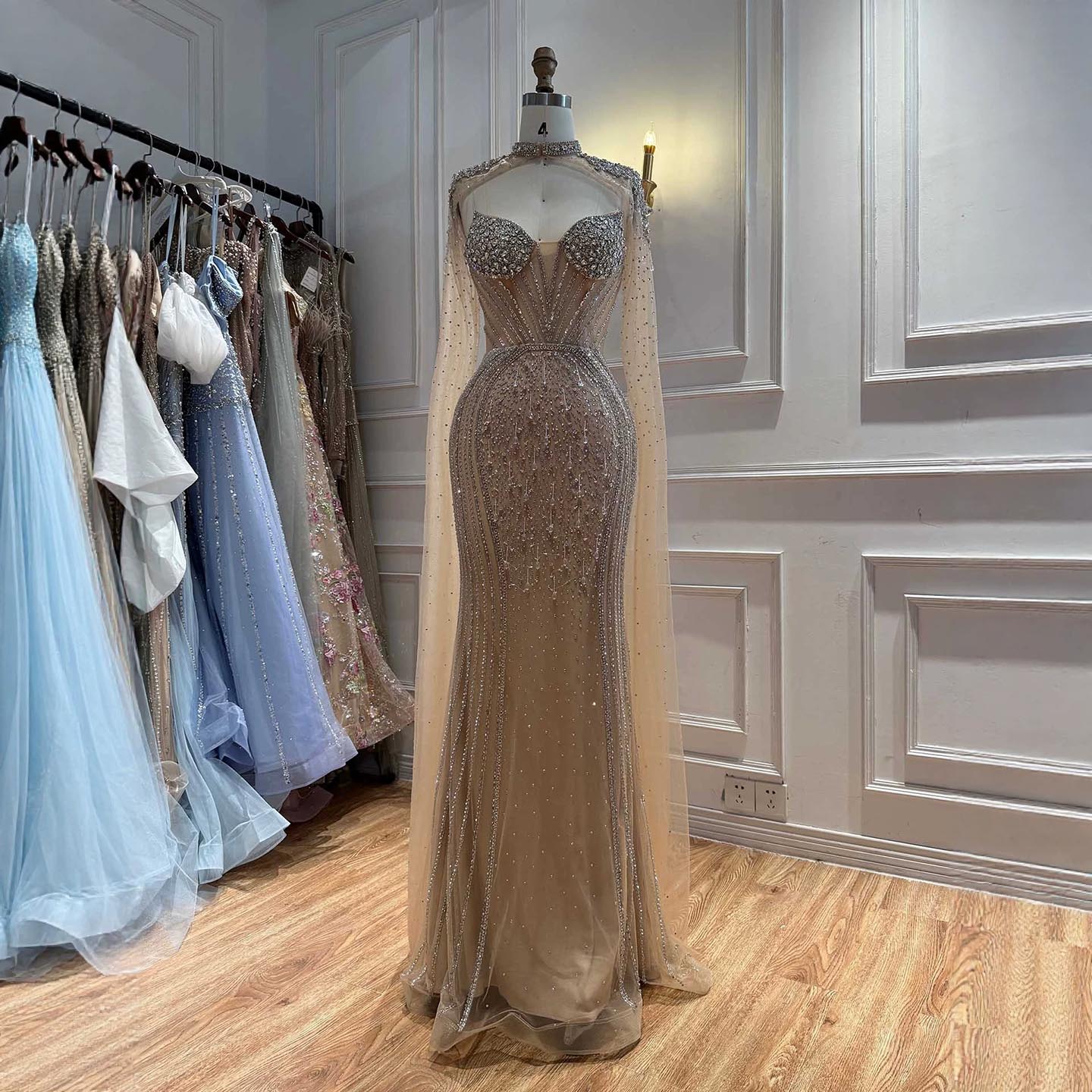 Luxury Nude High Neck Crystal Beaded Mermaid Cape Sleeves LA73547