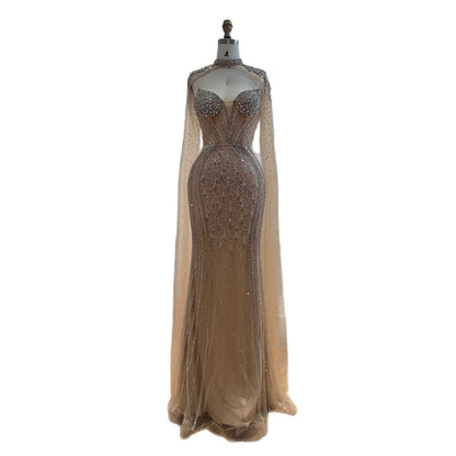 Luxury Nude High Neck Crystal Beaded Mermaid Cape Sleeves LA73547