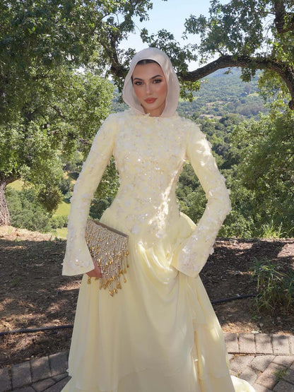 Luxury Yellow Muslim 3D Floral Beaded A Line Evening Dress LA73911